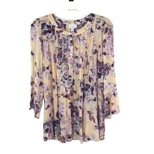 J Jill Women's Sz M Pink & Yellow Fairy Floral Long Sleeve Pullover Blouse